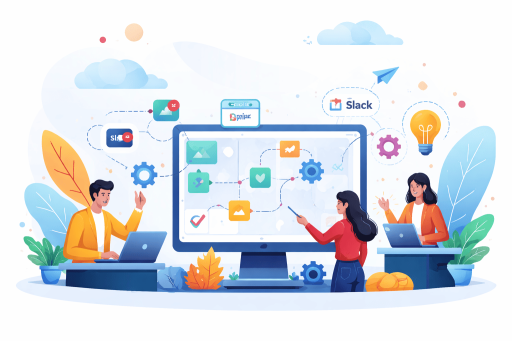 Illustration d’un workflow no-code avec automatisation de tâches et intégration d’applications SaaS
