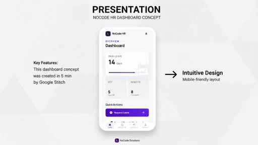 interface mobile app RH no-code générée avec Stitch AI (dashboard employés)
