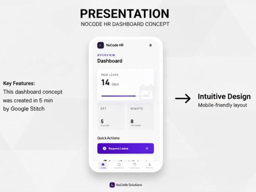 interface mobile app RH no-code générée avec Stitch AI (dashboard employés)