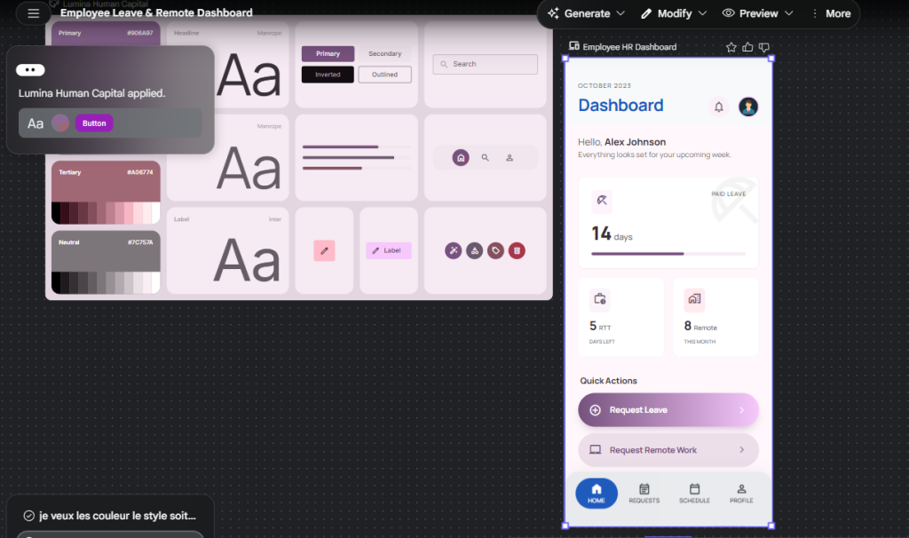 Google Stitch - génération d'une interface mobile RH avec design system Lumina Human Capital appliqué, couleurs primaires #906A97, typographie Manrope et Inter, aperçu du dashboard Employee Leave & Remote Work généré par Gemini 3 Flash