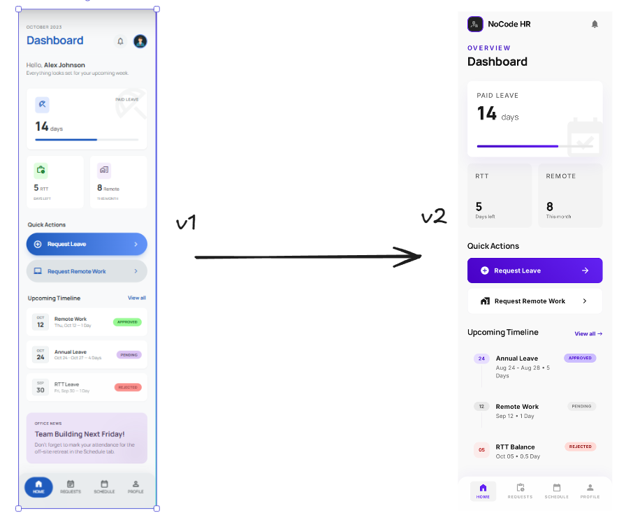 Google Stitch - génération d'une interface mobile RH, version 1 et 2