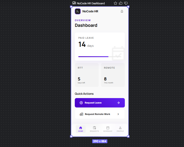 Résultat Google Stitch - écran mobile dashboard RH "NoCode HR" généré par IA en 5 minutes : solde congés payés 14 jours, RTT 5 jours, télétravail 8 jours, boutons Quick Actions, timeline des demandes avec badges Approved / Pending / Rejected, navigation iOS