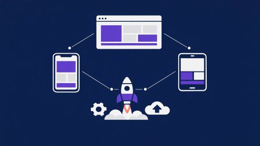 Illustration minimaliste en style Swiss design montrant trois écrans iOS, Android et Web reliés par une grille, symbolisant la création d’applications IA multiplateformes.