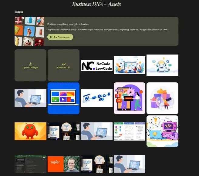 Interface Google Pomelli affichant les assets marketing pour le site nocodelowcode.fr