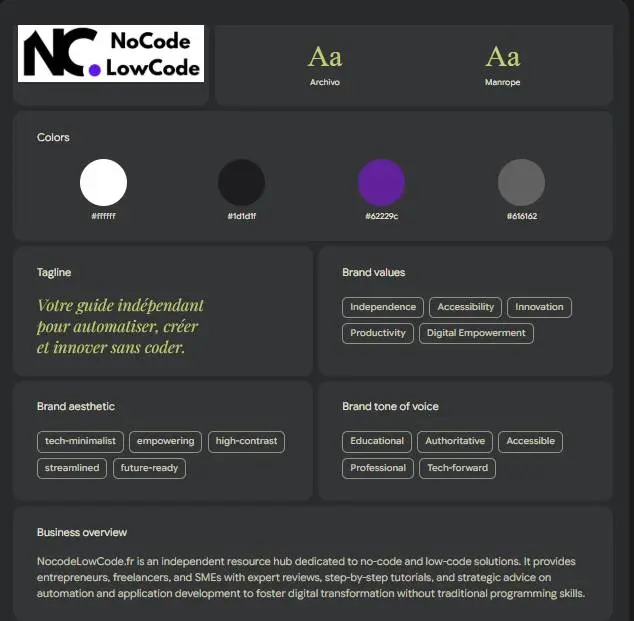 Résultat Business DNA généré par Google Pomelli à partir d'une URL nocodelowcode.fr