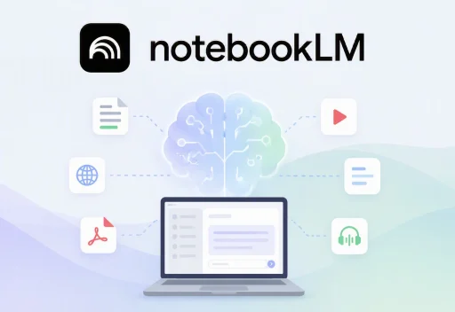Illustration minimaliste NotebookLM avec logo et texte NotebookLM, concept de second cerveau IA