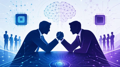 Illustration représentant la guerre des talents en intelligence artificielle avec deux dirigeants en bras de fer entourés de puces électroniques et de réseaux neuronaux.